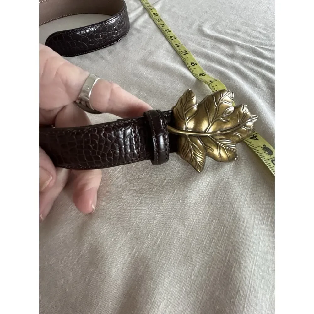 Talbots Brown Croc Embossed Leather Belt Brass Leaf Buckle ITALY Size M 6021